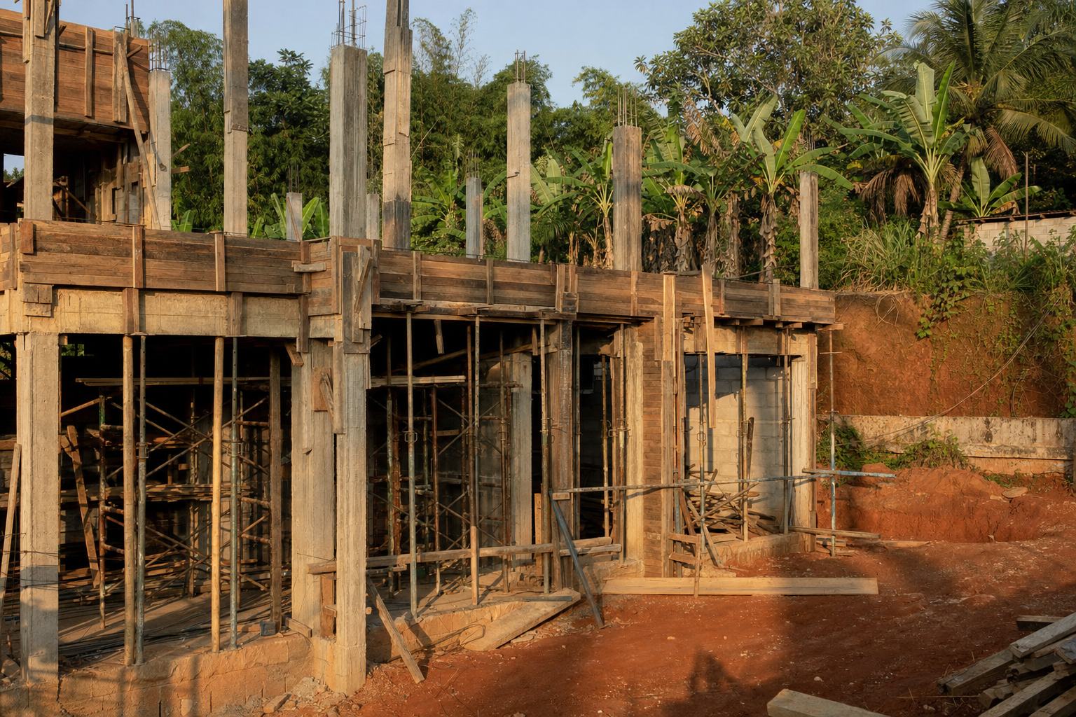 Villa contemporaine en construction dans la périphérie de Douala : maçonnerie de blocs béton, poteaux coffrés, échafaudage, terre latéritique rouge et végétation tropicale.