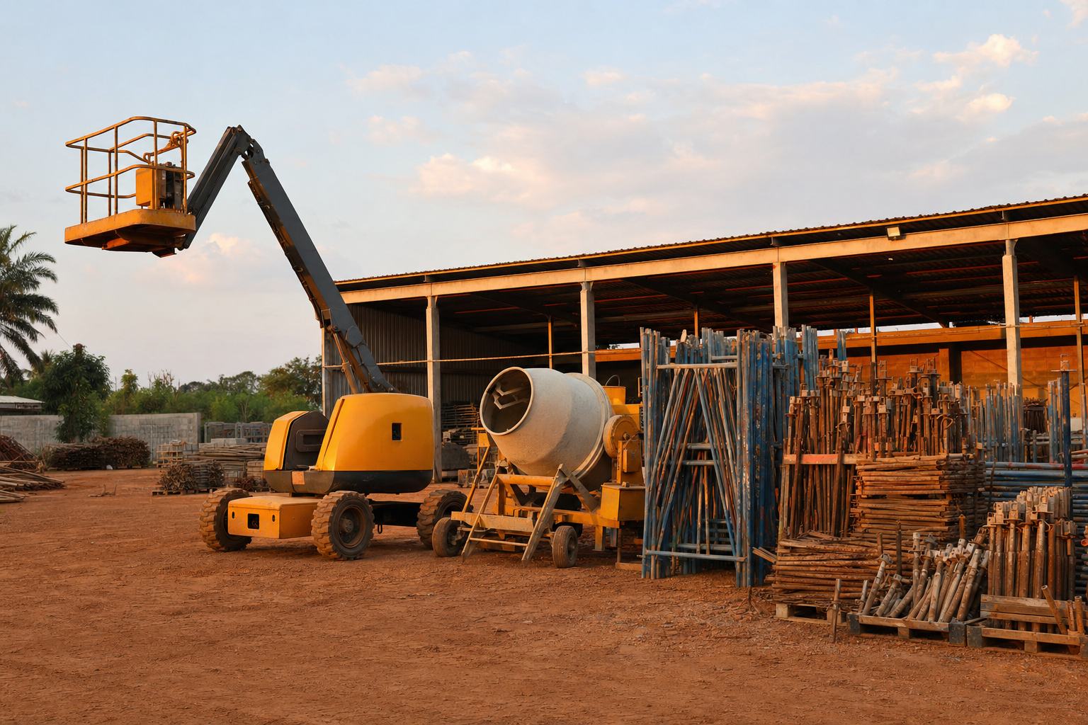 Parc de matériel de chantier au Cameroun : nacelle télescopique, bétonnière, étais et cadres d'échafaudage alignés sur sol latéritique.