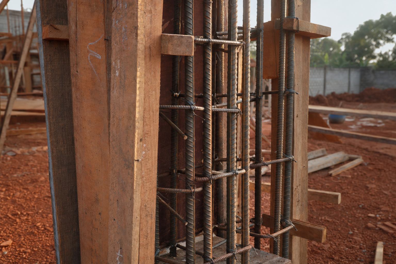 Détail de chantier : cage d'armatures ligaturée et coffrage bois d'un poteau béton, poussière de latérite, lumière rasante.