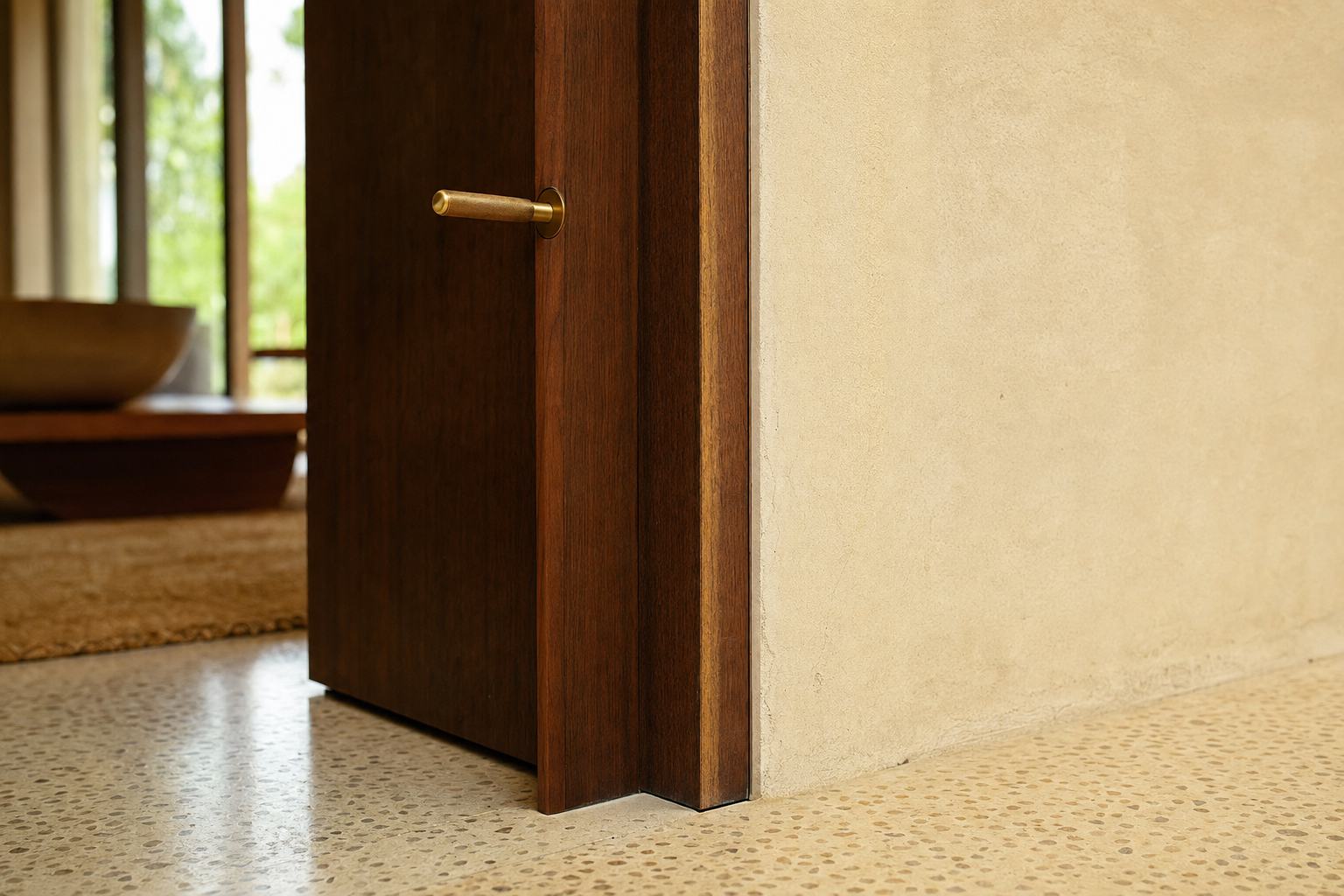 Détail de finition : dormant de porte en bois tropical sombre affleurant un enduit à la chaux crème, poignée en laiton, joint creux net.