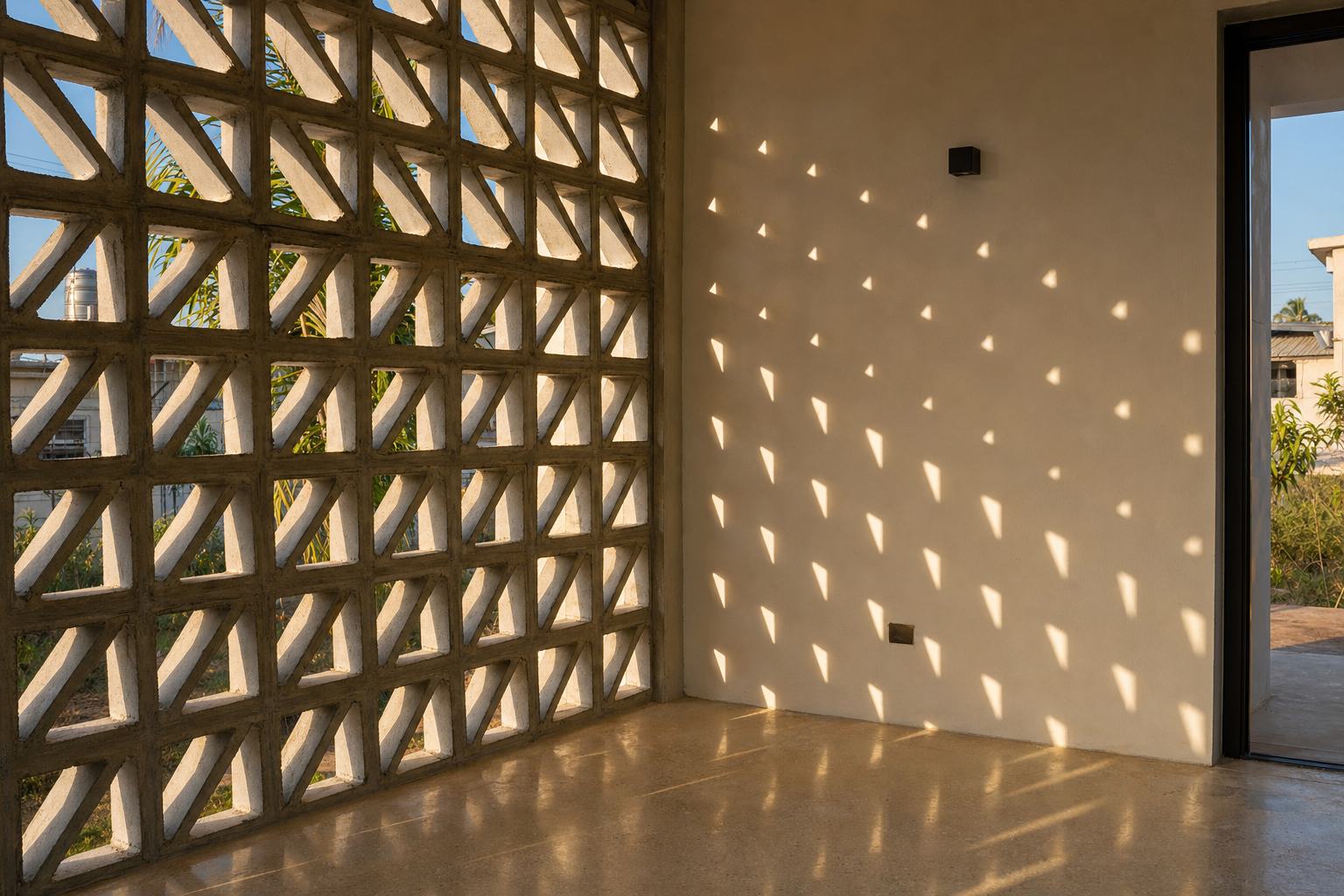 Détail d'architecture : mur claustra en blocs béton ajourés sur une maison contemporaine au Cameroun, soleil bas projetant une trame d'ombres sur un enduit crème.