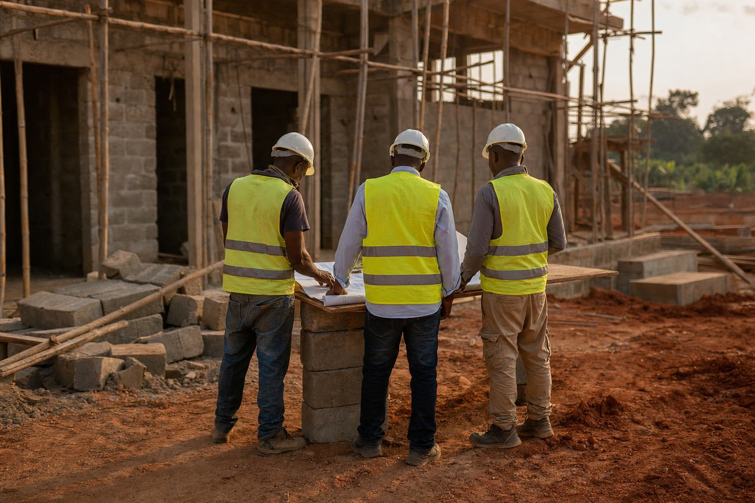 Trois compagnons en gilets haute visibilité et casques, vus de dos et à distance, consultant un plan sur une planche devant une maçonnerie de blocs béton.